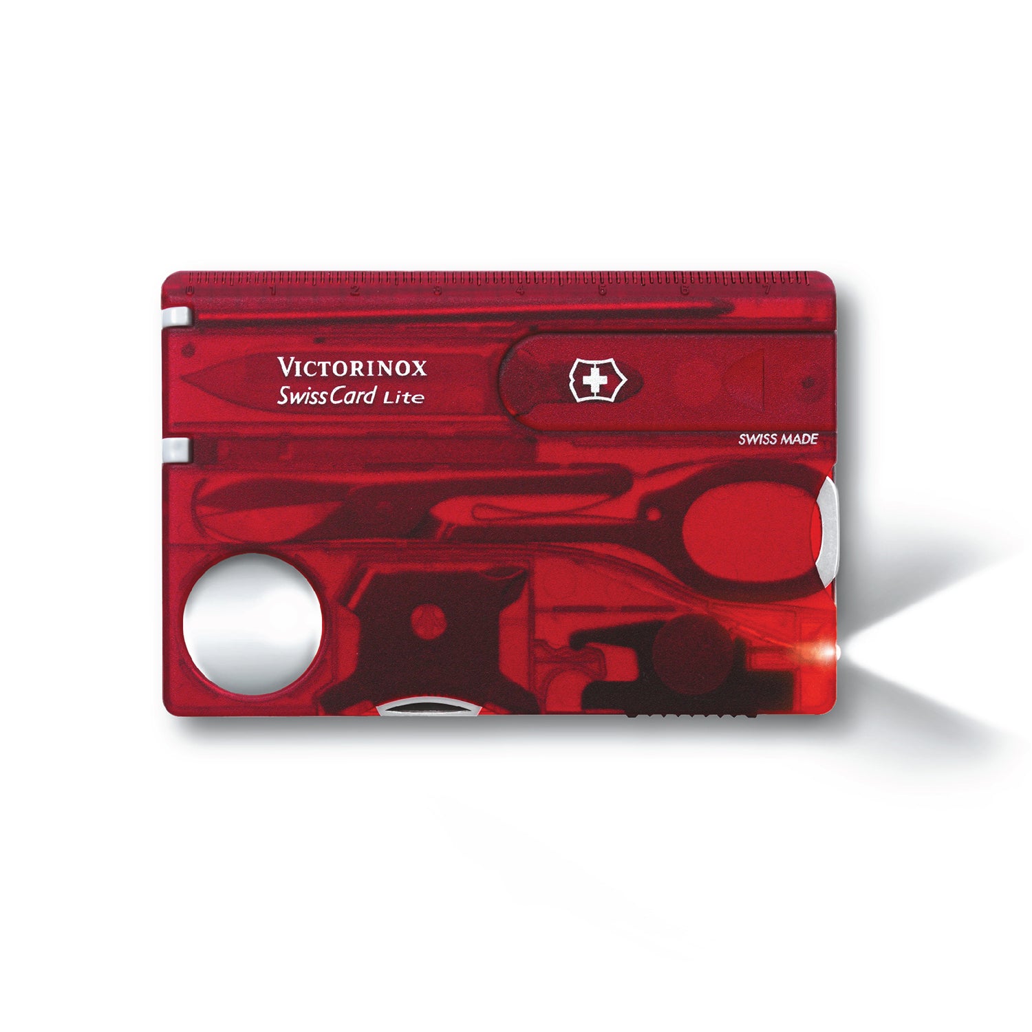 Red Victorinox SwissCard Lite on a white background