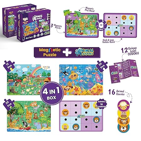 Krida Animal Paradise 4 in 1 Magnetic Puzzle and Sudoku - 62 Pieces