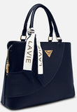 Black handbag with a visible brand tag on a white background